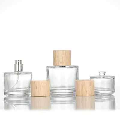 round clear transparent wooden cap perfume glass bottles custom luxury 100ml perfume bottle package box
