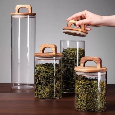 capacity food grade empty round high borosilicate glass reusable food storage jar with wooden handle lid