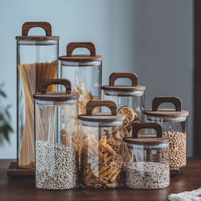 capacity food grade empty round high borosilicate glass reusable food storage jar with wooden handle lid