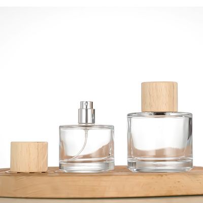 round clear transparent wooden cap perfume glass bottles custom luxury 100ml perfume bottle package box