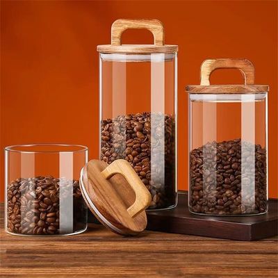 candy kitchen thick borosilicate tea coffee food storage container airtight acacia wood jar canister set